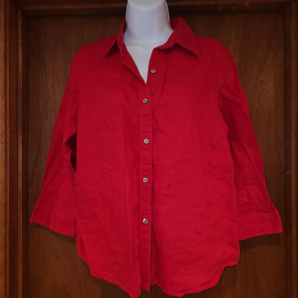 Vintage Chaps 100% Linen Red Three Quarter Sleeve‎ Button Up Top Sz P/ L
